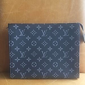Black Gray Monogram Toiletry Clutch Makeup Cosmetic Bag